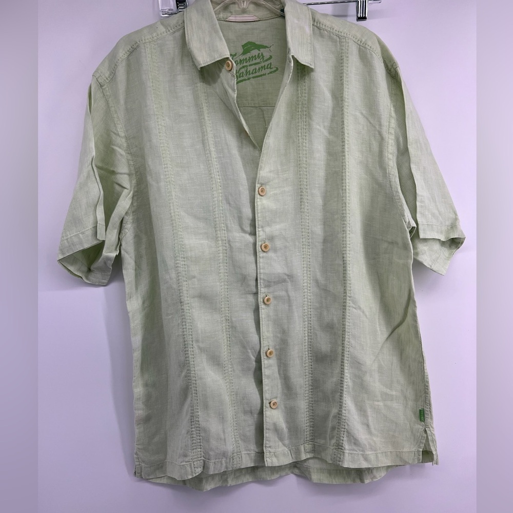 Tommy Bahamas Sz Large‎ Lime Green 100% Linen Shirt Resort Cruise Vacation